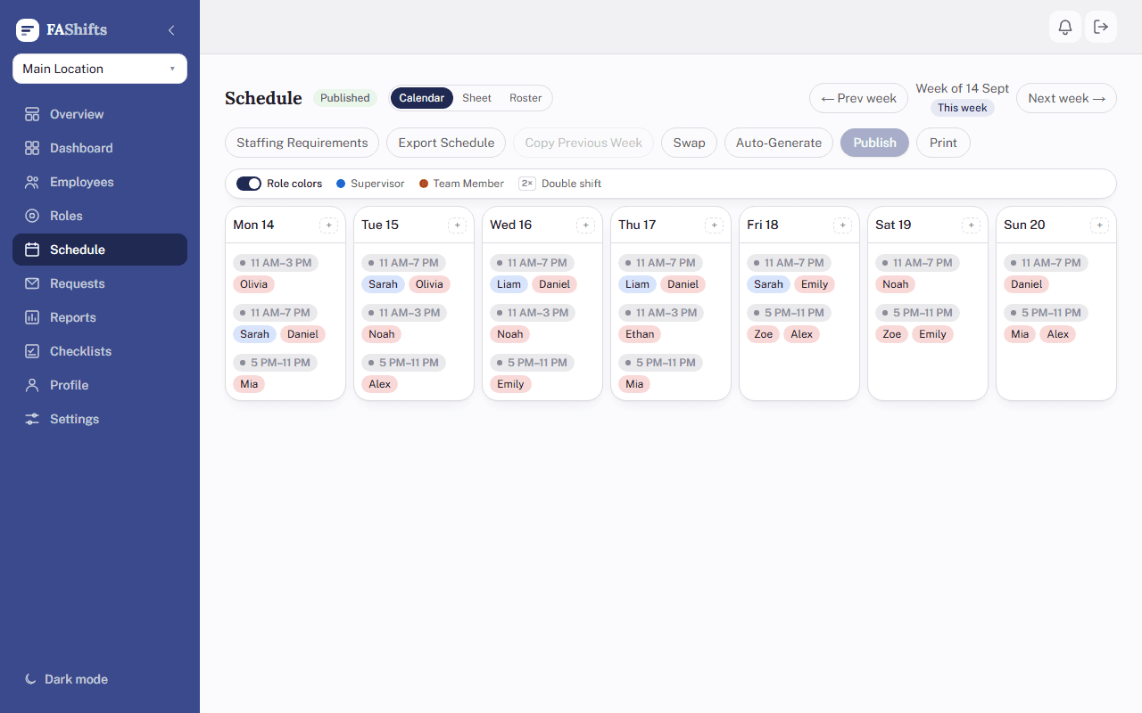 Calendar view of a published weekly schedule, grouped by shift and color-coded by role