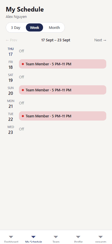 Employee's own weekly schedule on the mobile app